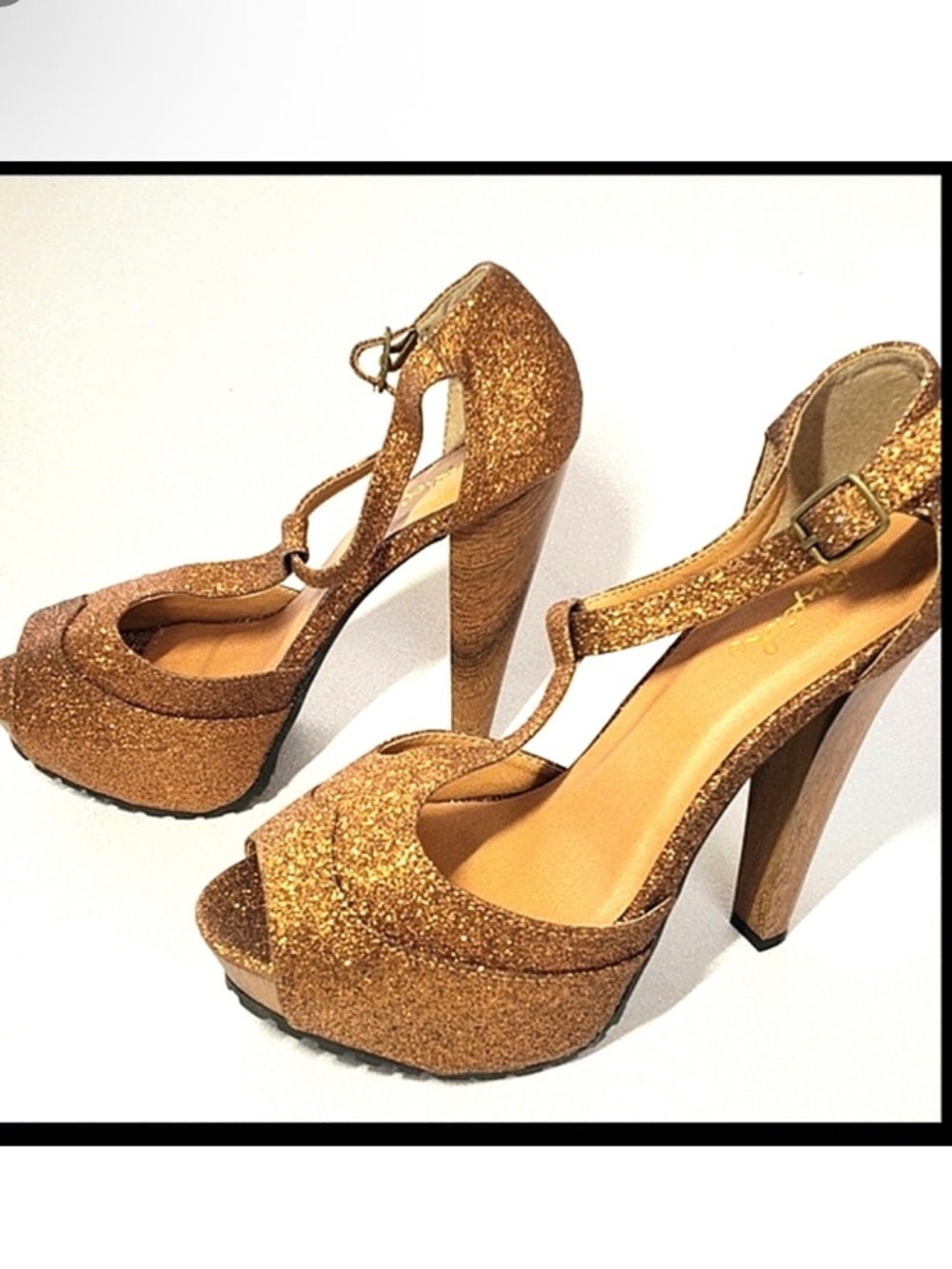 Qupid Gold Glitter T-Strap Platform Sandals